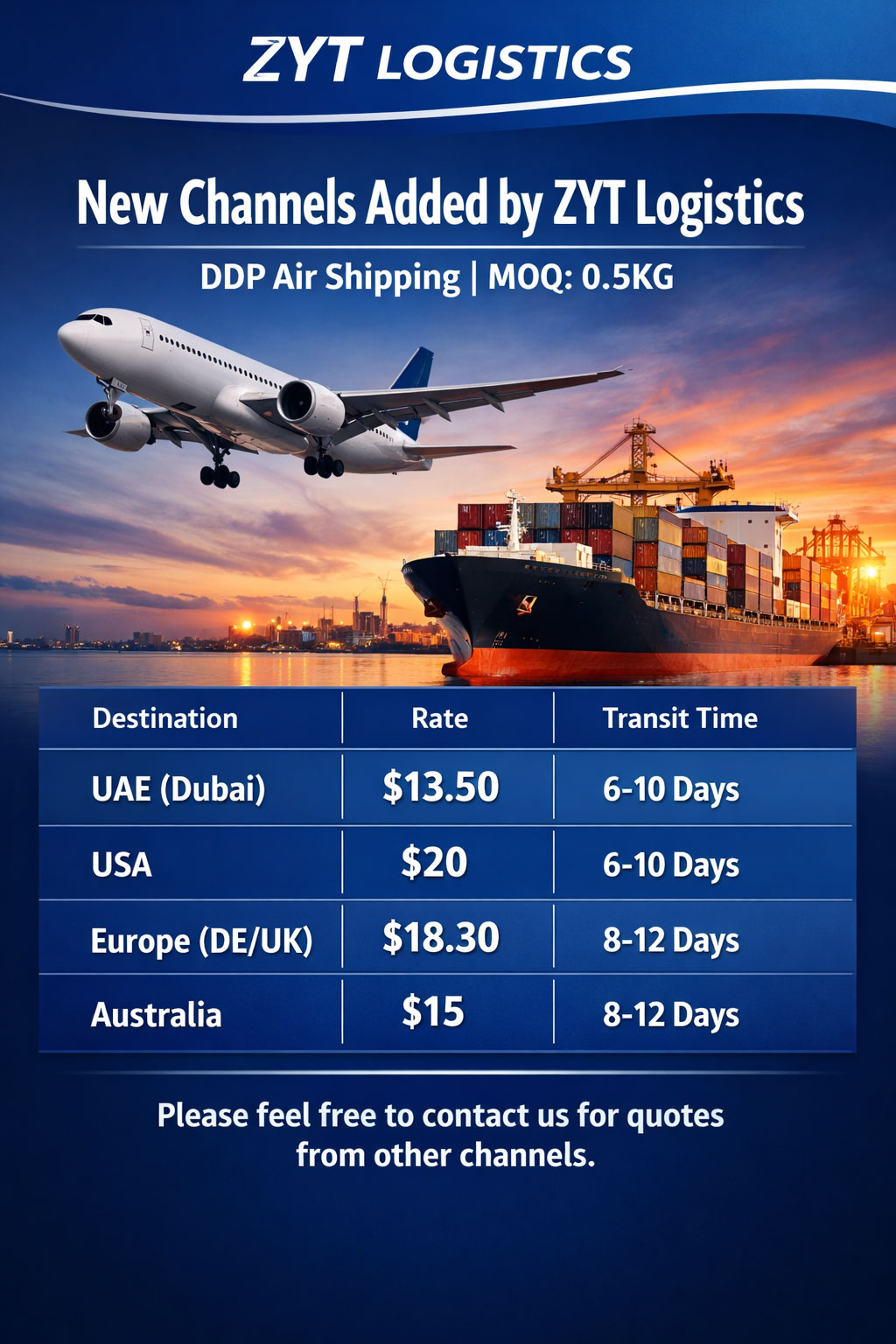 New Channel Added by ZYT Logistics：Moq 0.5kg DDP Air shipping